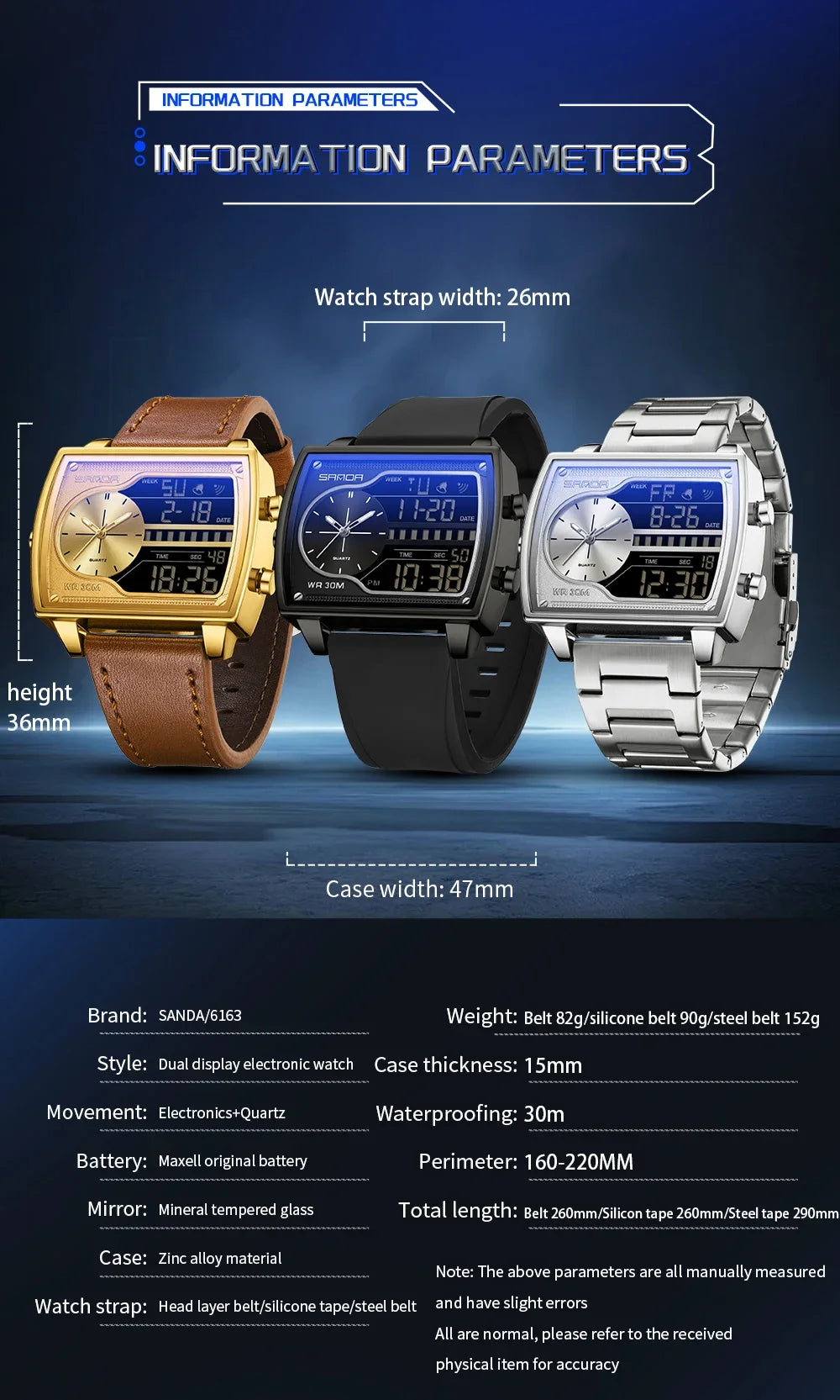 SANDA 6163 Men's Quartz Electronic Square Double Screen Watch Waterproof Countdown Quartz Steel/Leather/Rubber Band Men's Watch