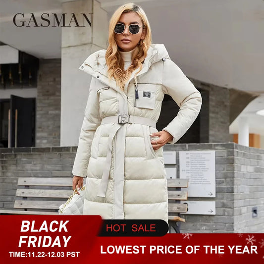 GASMAN Women's jacket Long elegant Fashion Winter coat for women brand Zipper pocket Warm Parka with belt Down jackets 8189