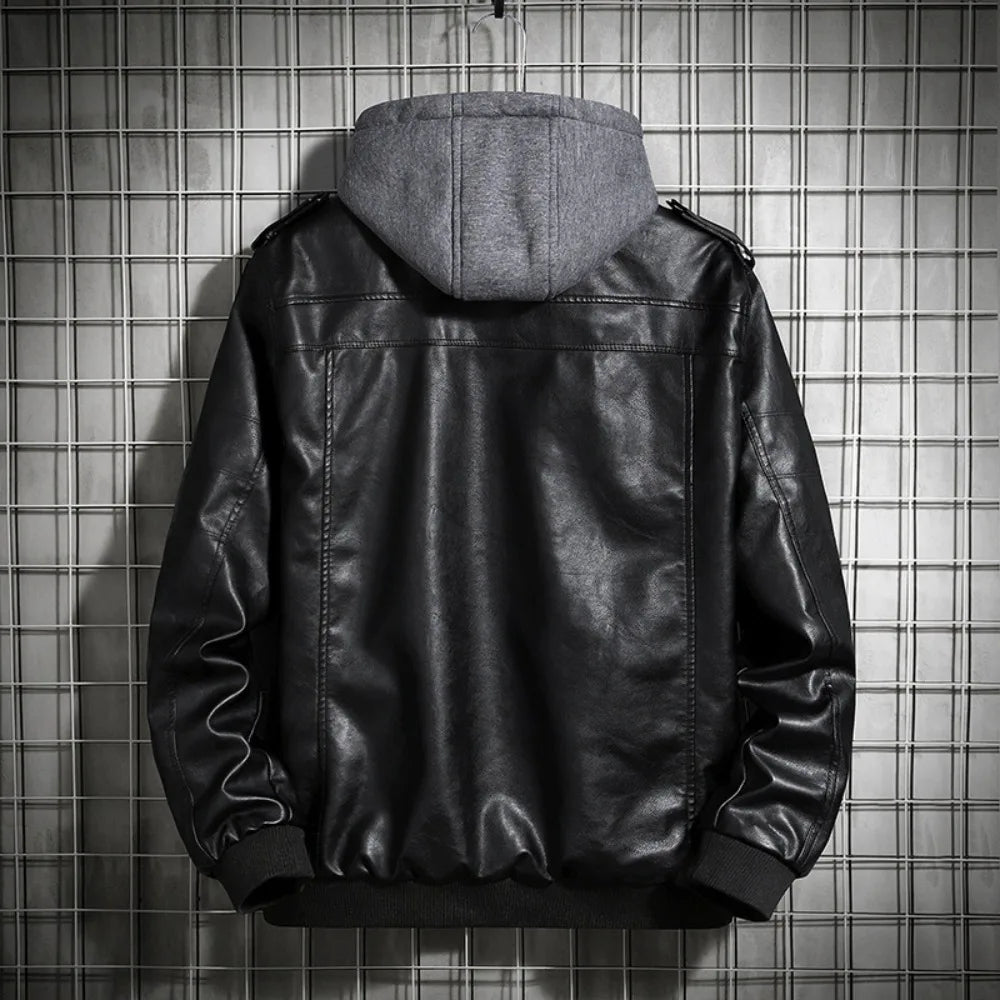 Hooded Leather Jacket Men's Jacket Winter PU Leather Coat Teenage Jackets Men's Motorcycle Leather Coat Harajuku