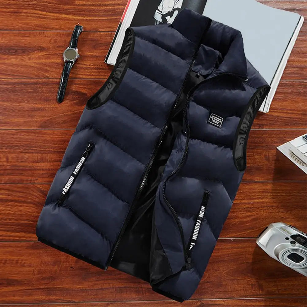 Men Quilted Vest Men's Winter Windproof Padded Vest with Stand Collar Zipper Closure Stylish Neck Protection Waistcoat for Cold