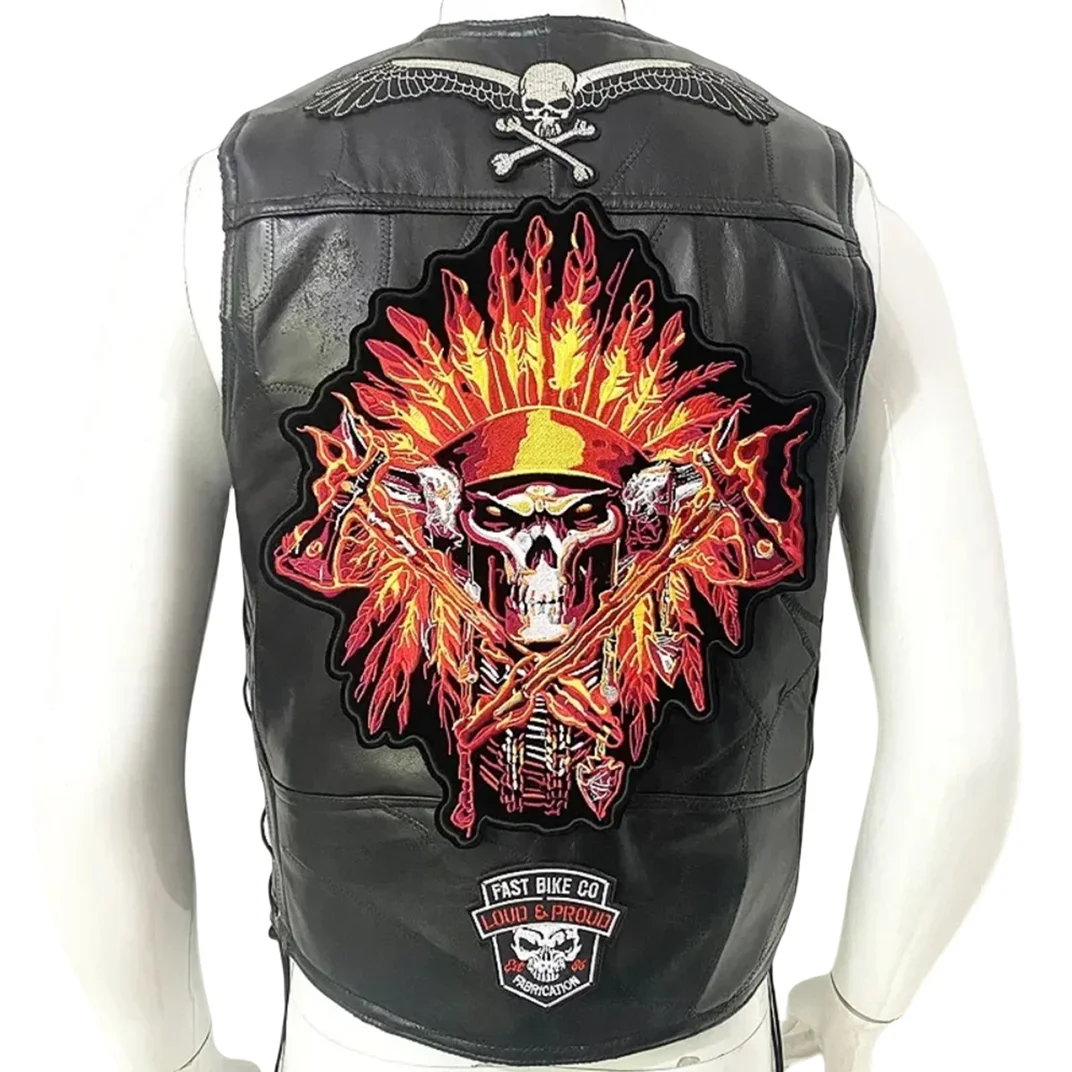 Motorcycle Leather Vest Embroidered Patch Moto Sleeveless Jacket Cycling Casual Street Vest Motorcycle Club Punk Vest