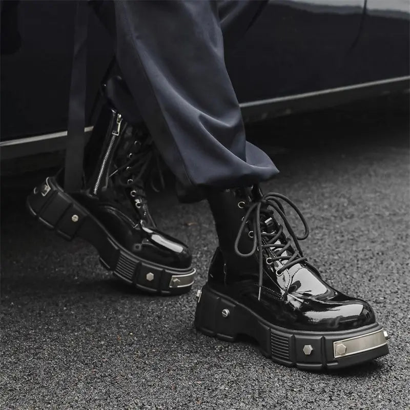 2024 Men's High Top British Style Thick Bottom Increased Bright Leather Black Motorcycle Round Toe Side Zipper Punk Boots Women