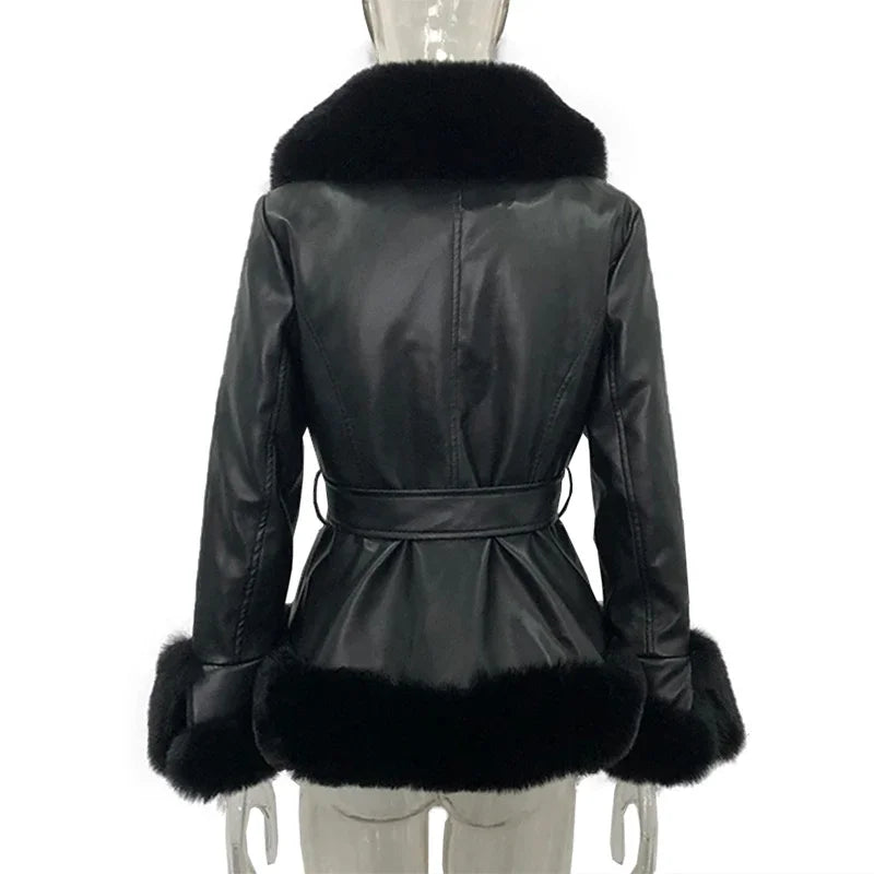 NEWDISCVRY PU Leather Short Jackets Women Fashion Tie Belt Waist Coats Women Elegant Side Pockets Faux Fur Jackets Female Ladies