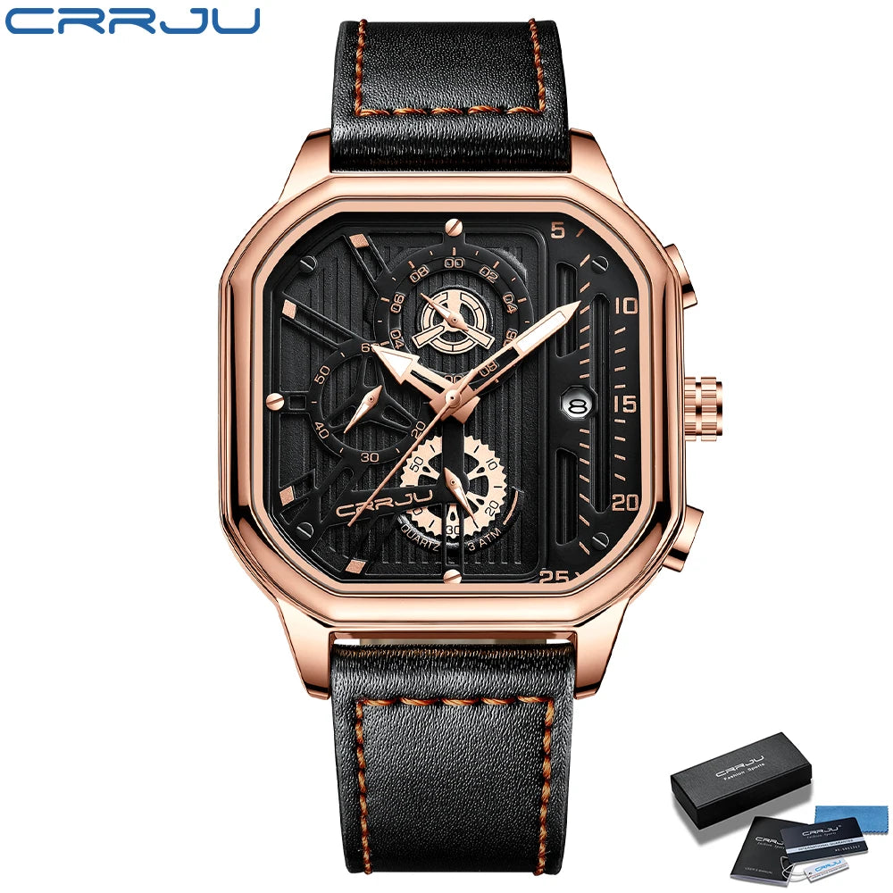 CRRJU Fashion Square Dial Leather Mens Watches Luxury Sport Waterproof Watch Man Chronograph Quartz WristWatches Homme+Box