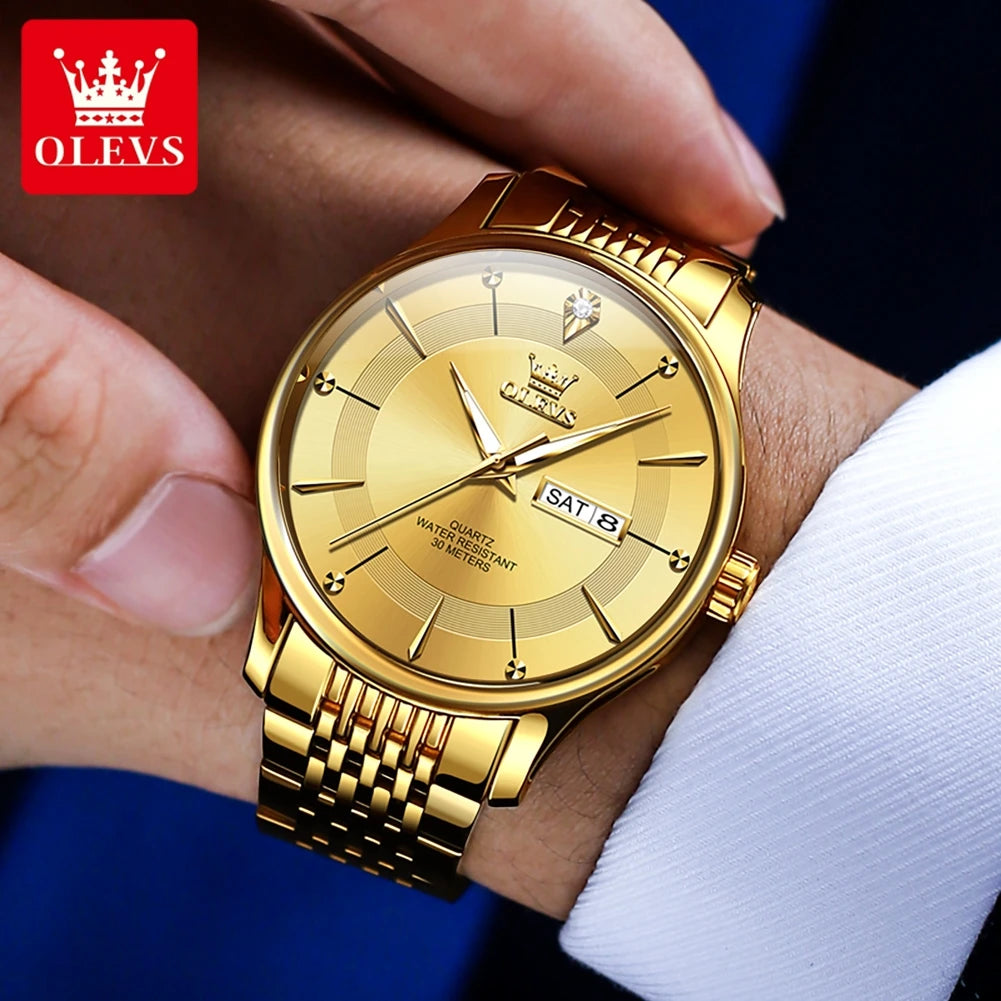 OLEVS Gold Uhr für Männer Original Quarz Uhr Luxus Elegante Woche Datum Leuchtende Wasserdicht edelstahl herren Uhren Trend