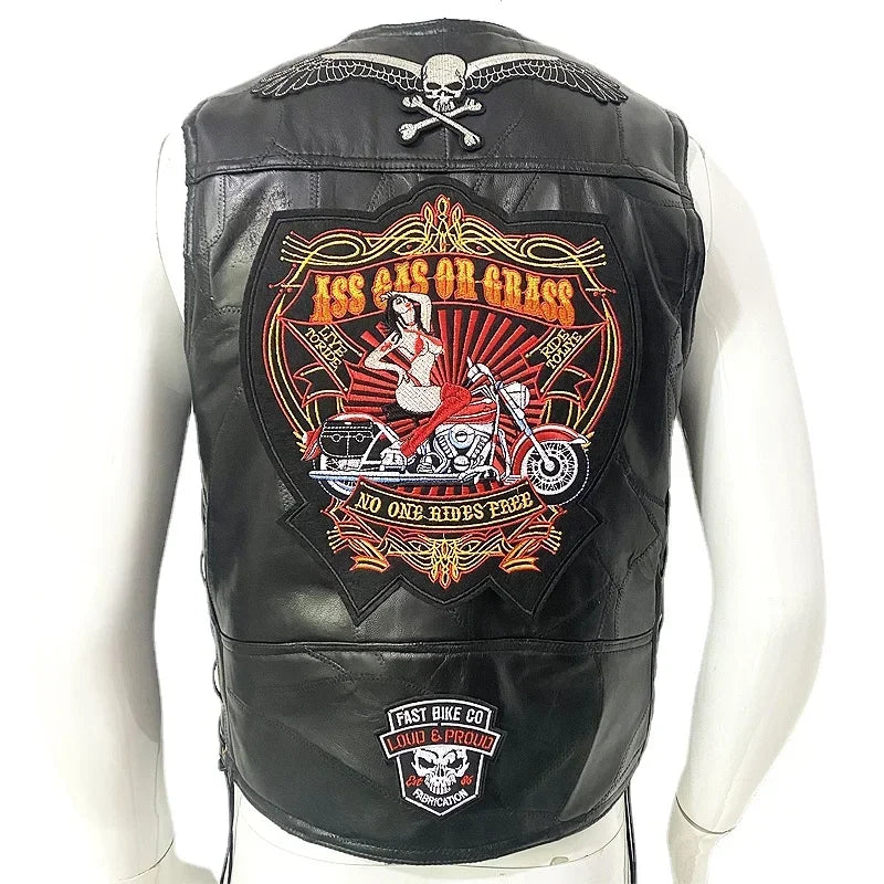 Motorcycle Leather Vest Embroidered Patch Moto Sleeveless Jacket Cycling Casual Street Vest Motorcycle Club Punk Vest