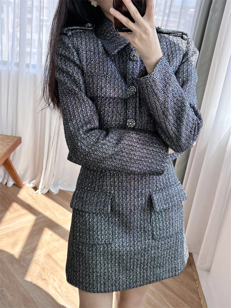 New 2024 High Quality Women Skirt Suit Cropped Tweed Jacket and Short Skirt Buttons Fastening Mini A-Line Elegant High Street SP