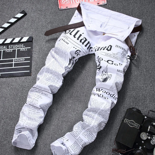 Hole Casual Straight Fashion White New Style Denim Jeans Long whiteTrousers Men's Jeans Denim White Newspaper Printing