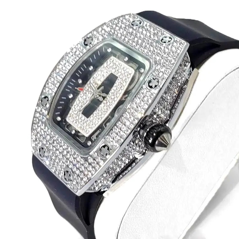 2024 Hot Fashion Diamond Watch For Women Elegant Iced Jewelry Watches Sport Rubber Strap Tonneau Wristwatch Ladies Gift