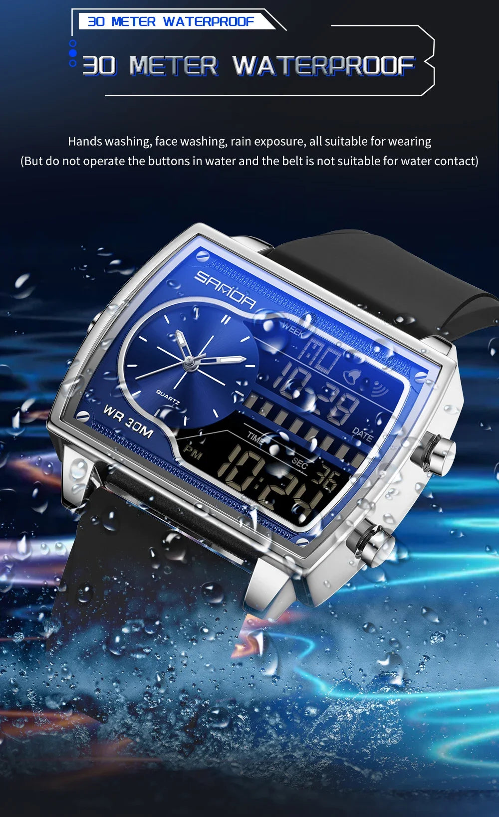 SANDA 6163 Men's Quartz Electronic Square Double Screen Watch Waterproof Countdown Quartz Steel/Leather/Rubber Band Men's Watch