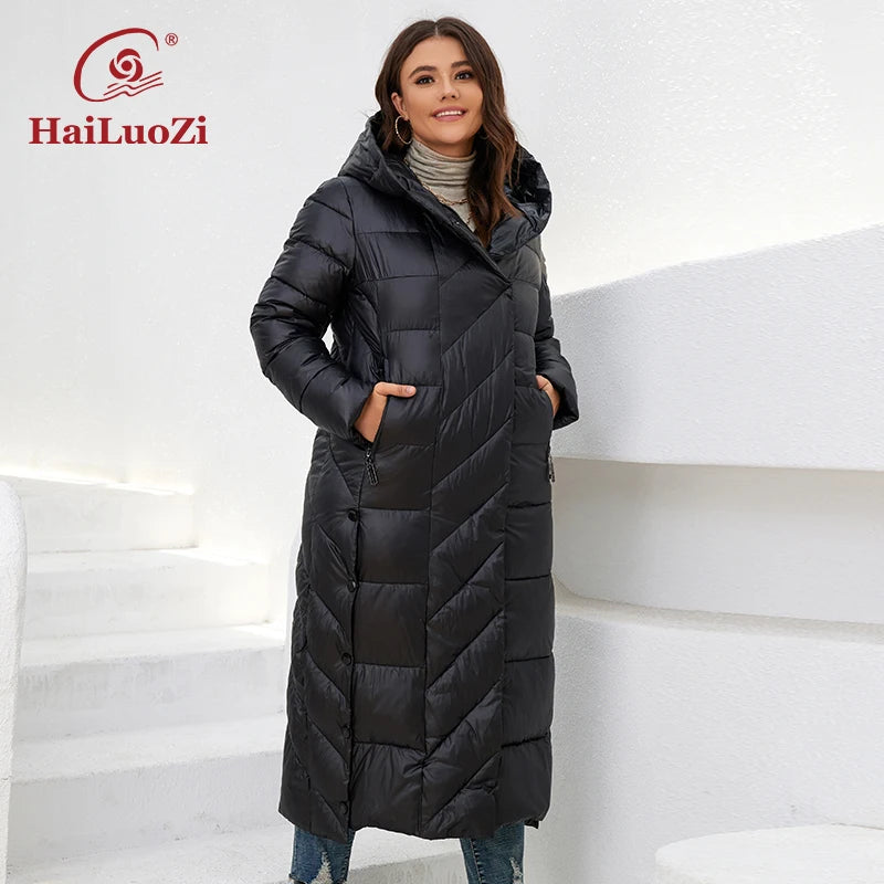 HaiLuoZi  New Winter Women's Jackets Plus Size Mid-length Thick Hood Warm Zipper Belt Classic Casual Women Coat Parkas 6037