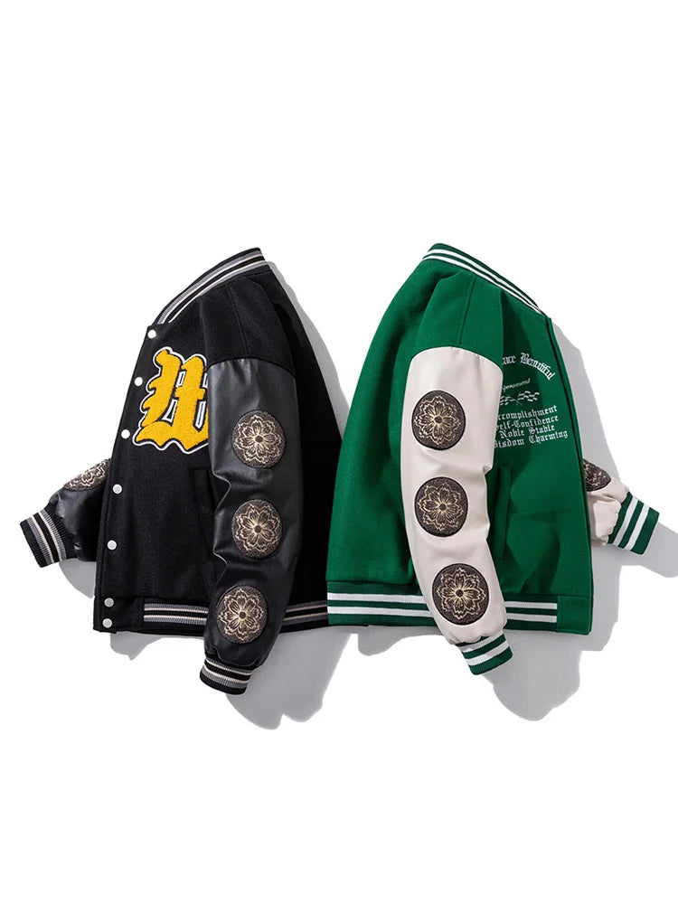 Vintage Varsity Jacket Men Winter Letter Embroidery Baseball Jacket Women Leather Sleeve Fashion Casual Woolen Coat Green Parka