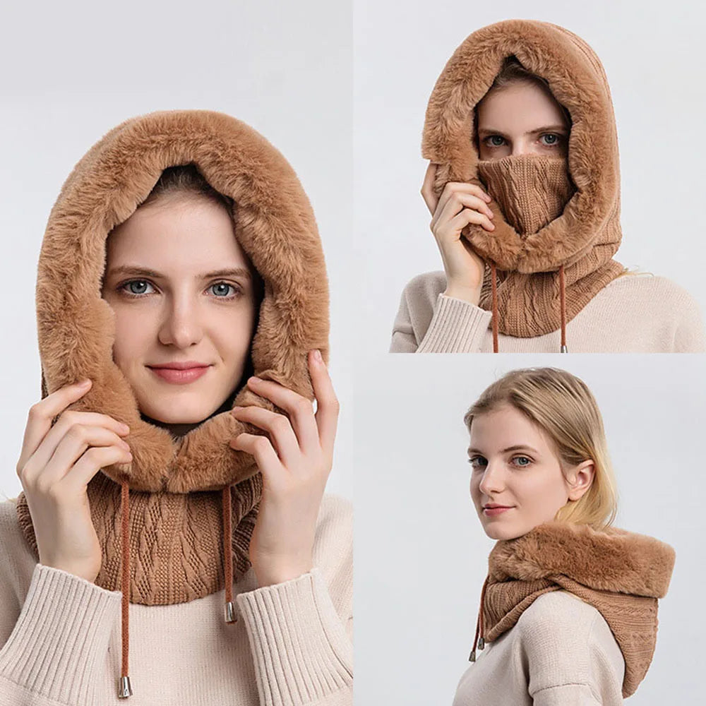 Winter Warme Beanie-Mützen Maske Schal Ring Sturmhaube Kapuzenpullover Strickmütze Einteiler Kordelzug Kapuze Outdoor Warmhalten Mützen