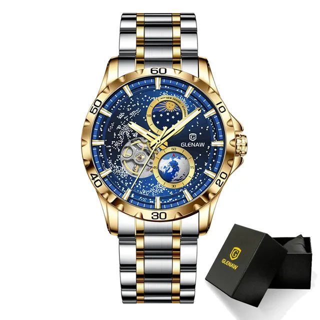 GLENAW Rotating Earth Double Second Hand WristWatch Men Automatic Mechanical Watch Starry Sky Stainless Steel Leather Watchband