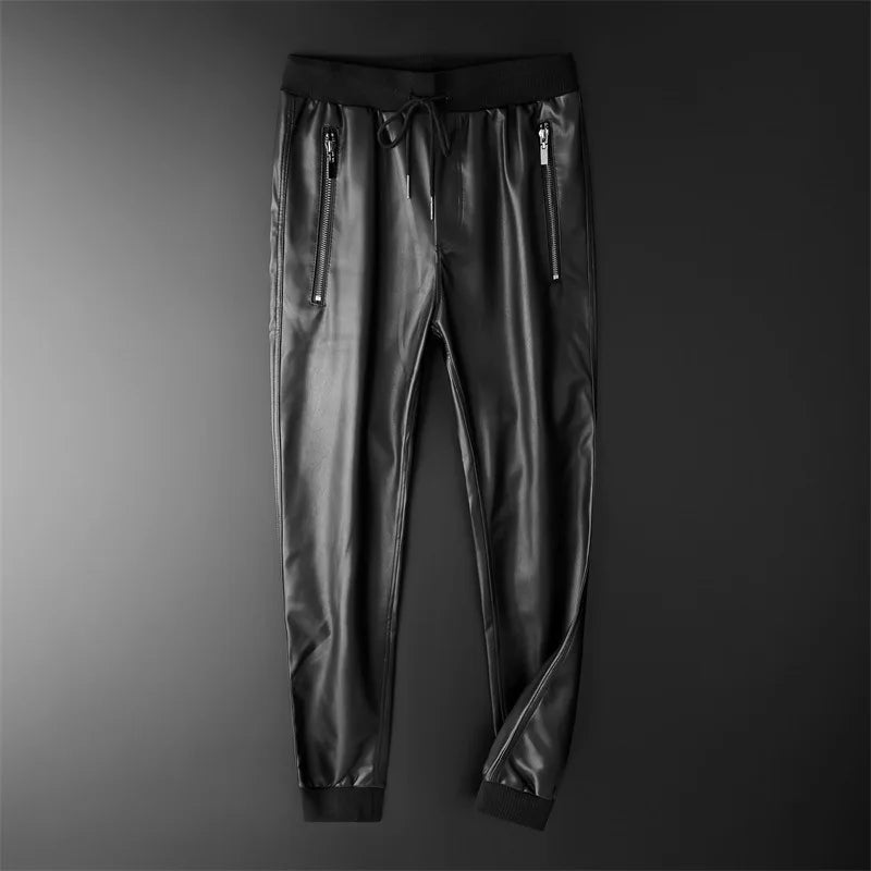 Men's Leather Pants Superior Quality Elastic Waist Jogger Pants PU Leather Motorcycle Trousers Biker's Pants