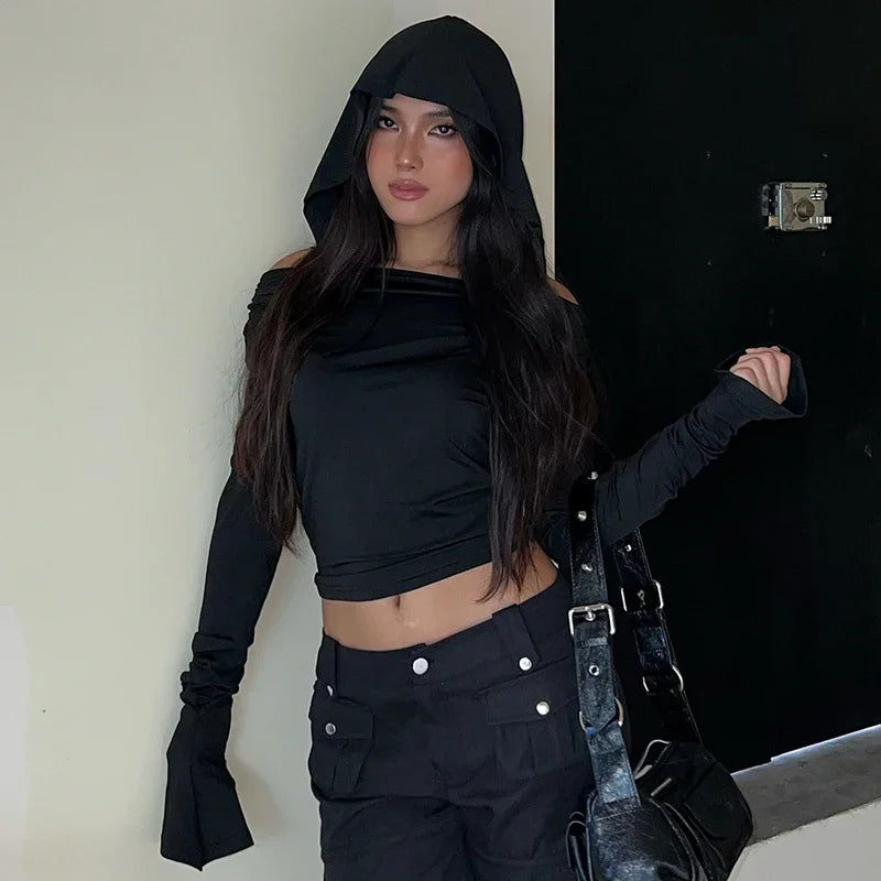 Y2K Black Folds Crop Top Hooded Full Sleeve T Shirt Women Punk Gothic Fashion Autumn Korean Pullovers Streetwear Grunge