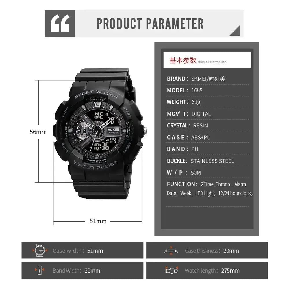 Youth Sport Digital Watch Men Shockproof Waterproof Dual Wristwatches LED Chrono Alarm Clock Mens Watches Cool Hour vogue