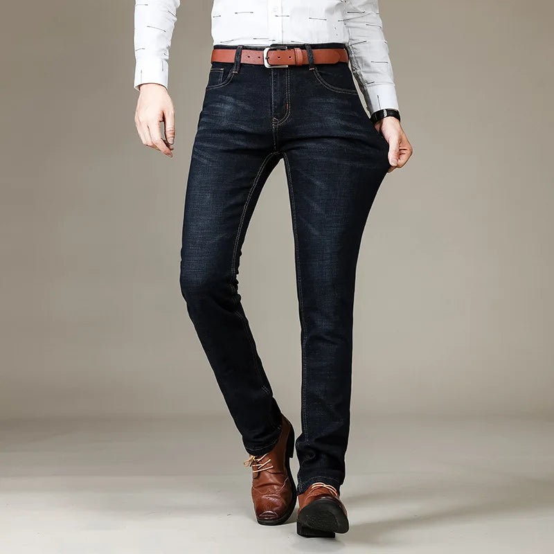 2024 Classic Men's Fitted Stretch Jeans Business Casual Cotton Denim Straight Leg Pants Male Black Blue Trousers