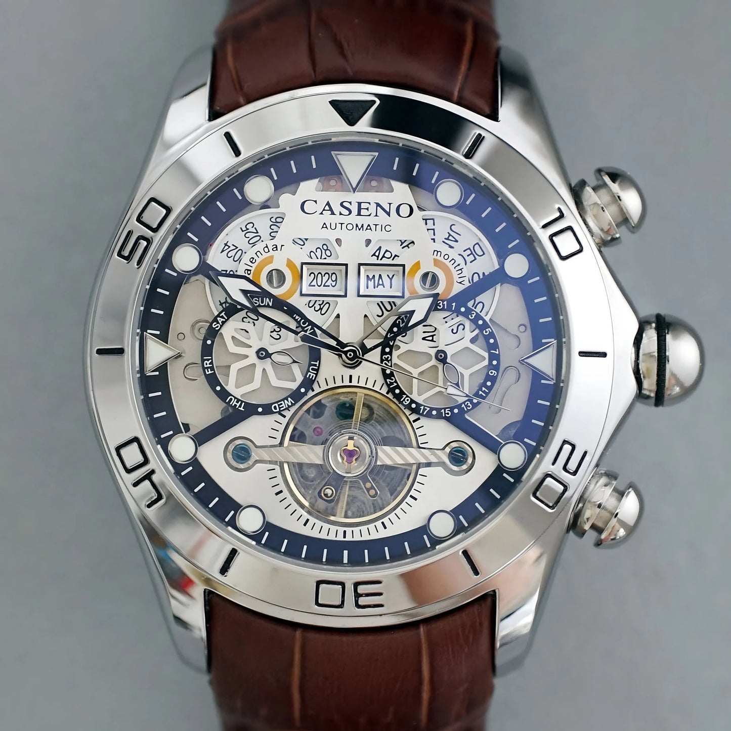 CASENO brand bubble perpetual calendar fully automatic tourbillon large dial mechanical watch belt watch -58284G