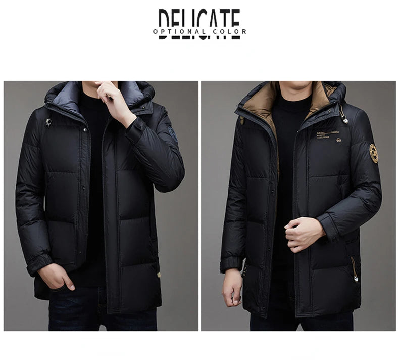 Light Luxury Down Jacket Men's Long Winter 2024 Trendy 90% White Duck Down Warm Coat Business Casual Hat Lightweight Down Jacket