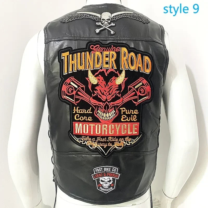 Motorcycle Leather Vest Embroidered Patch Moto Sleeveless Jacket Cycling Casual Street Vest Motorcycle Club Punk Vest