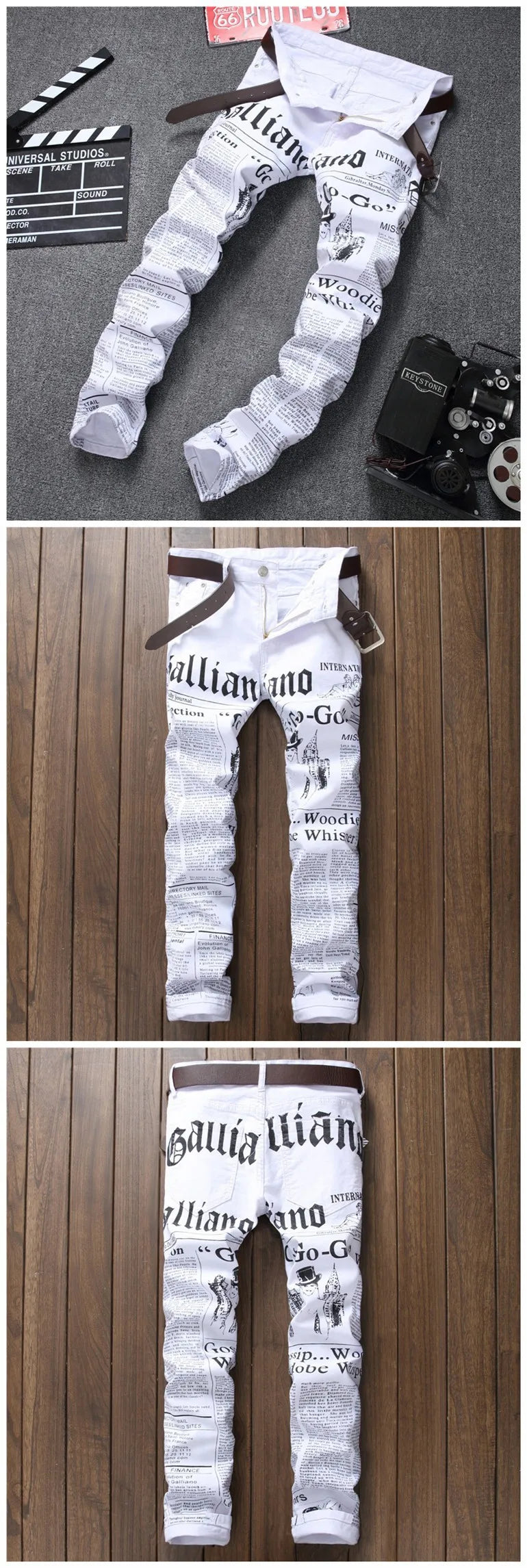 Hole Casual Straight Fashion White New Style Denim Jeans Long whiteTrousers Men's Jeans Denim White Newspaper Printing