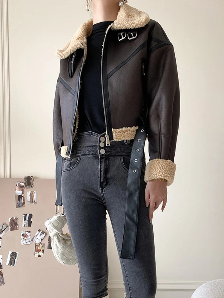 Ailegogo Autumn Winter Women Retro Loose Thick Warm Faux Lamb Fur Coat Streetwear Female Spliced Zipper Belt Jacket Outwear