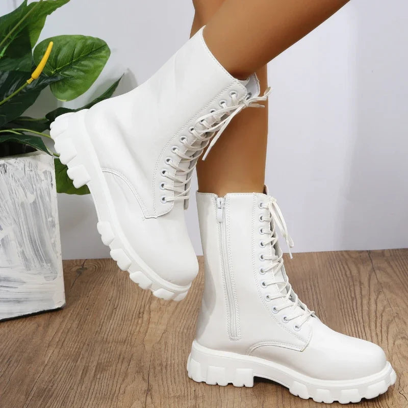 Boots Women 2022 Autumn Winter PU Leather White Ankle Boots Motorcycle Botines Female Chunky Heels Platform Boots Botas Mujer