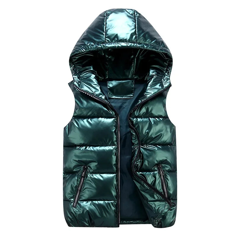 New Men's Hooded Vest Coats Fashion Glossy Waterproof Design Couple Down Cotton Lightweight Casual Waistcoat Male Parkas Vests