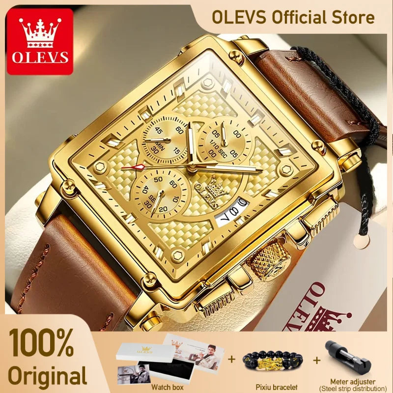 OLEVS Top Brand Men's Watches Luxury Square Quartz Wrist Watch Original Waterproof Luminous Chronograph Watch for Men Relogio