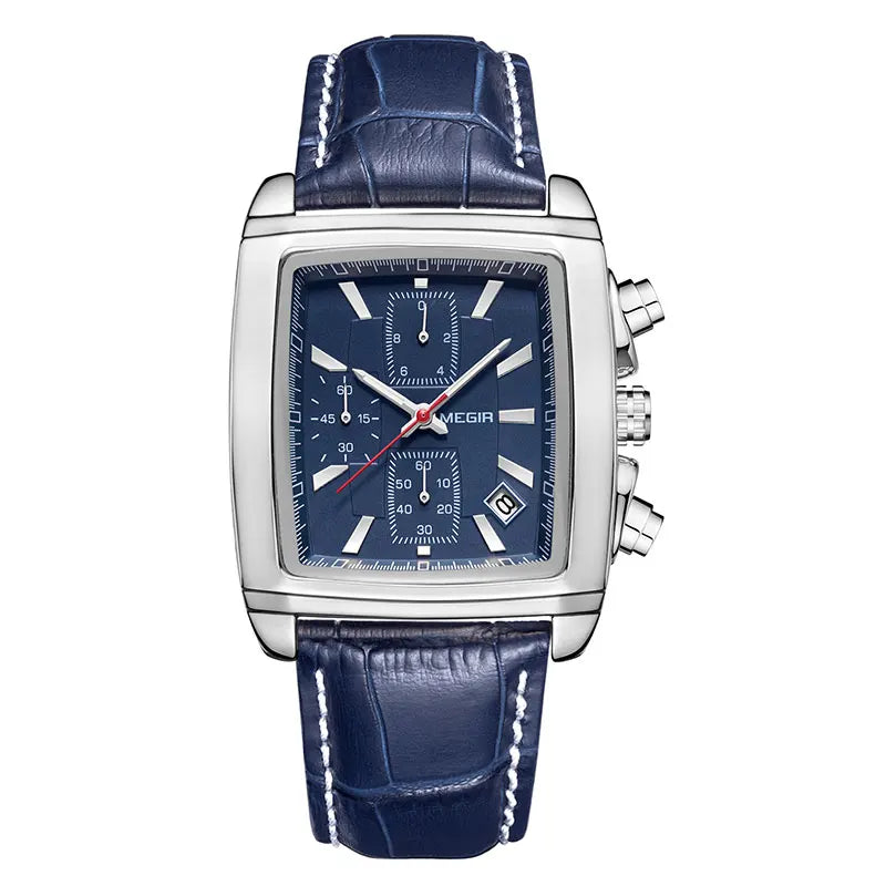 Megir Rectangle Dial Leather Strap Watch for Men Casual Blue chronograph quartz watches Man Wristwatch montre reloj часы мужские