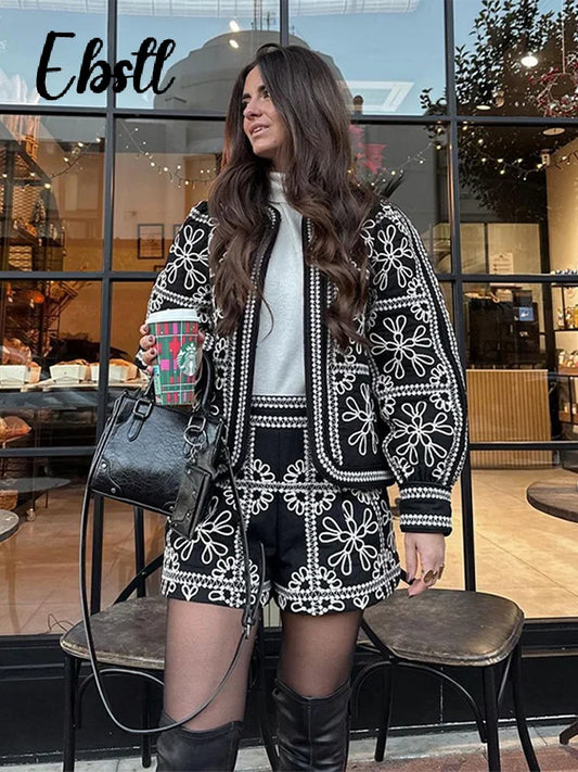 Vintage Printed Jacket Shorts Set Women Loose O-neck Lantern Sleeve Coat High Waist Short Pants 2024 Autumn New Ladies Outfits