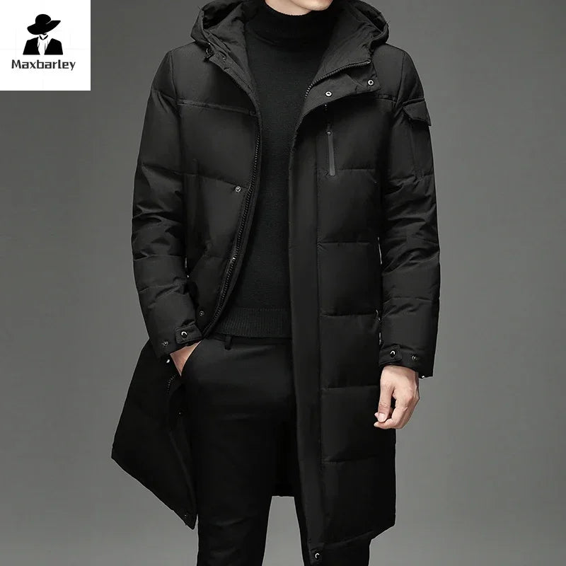 Brand Long Down Jacket Men's Winter New Casual Solid Color Hooded White Duck Down Warm Parka Outdoor Snow Cold-proof Hooded Coat