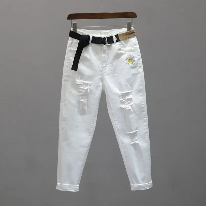 Woman Jeans Pants Ripped White Jeans Women's Autumn High Waist Cropped Baggy Pants Women's Pantalones Vaqueros Mujer