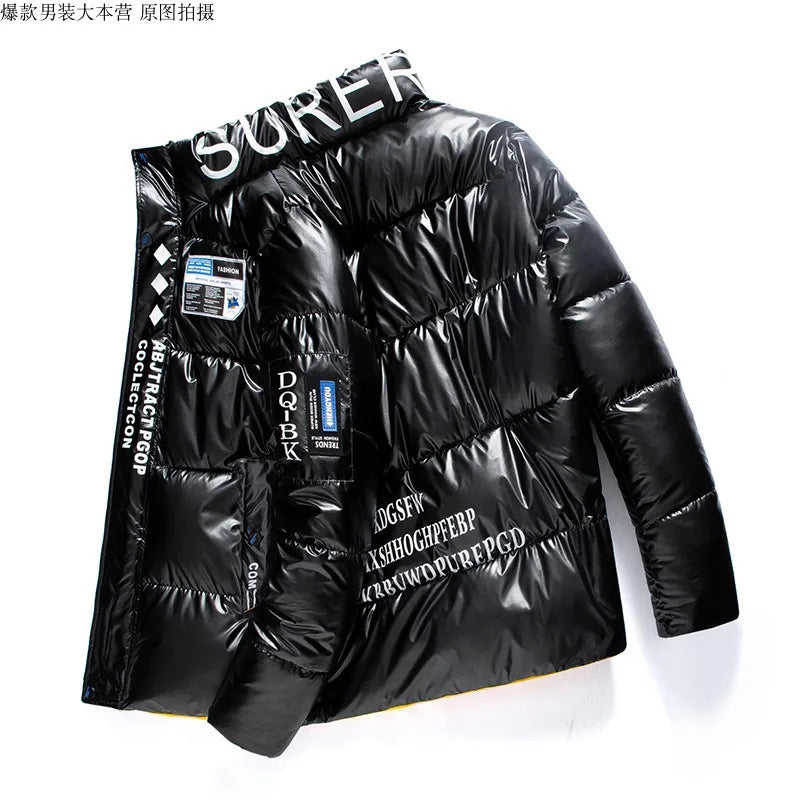 New Bright Leather Winter Men Jacket Casual Parka Outwear Waterproof Thicken Warm Stand Collar Outwear Coat