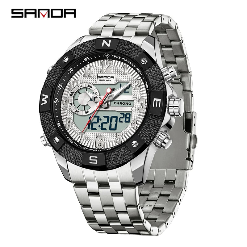 SANDA Top Men Quartz Watch Military Sport Waterproof Wristwatch LED Digital Clock Stainless Steel Quartz Watches Men Relogios