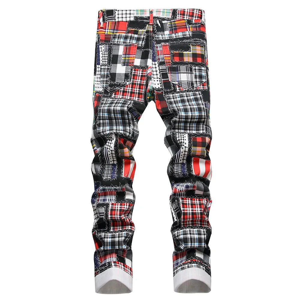 Men Plaid Digital Print Jeans Fashion Patches Patchwork Stretch Denim Pants Slim Straight Trousers