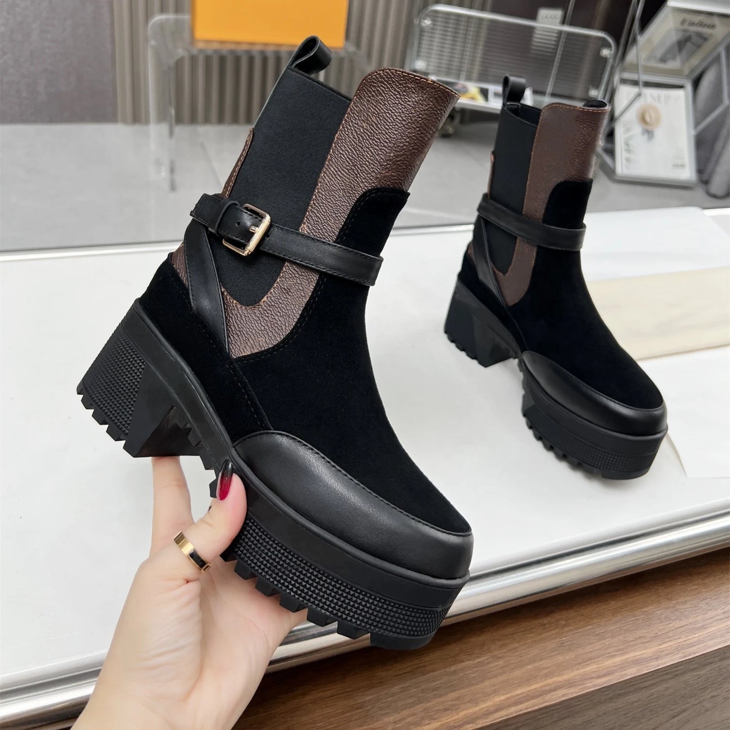 Shoes Women Size35-41 Genuine Leather Boots Med Heels Ankle Boots Flat Platform Winter Party Designer Shoes Zapatillas De Mujer