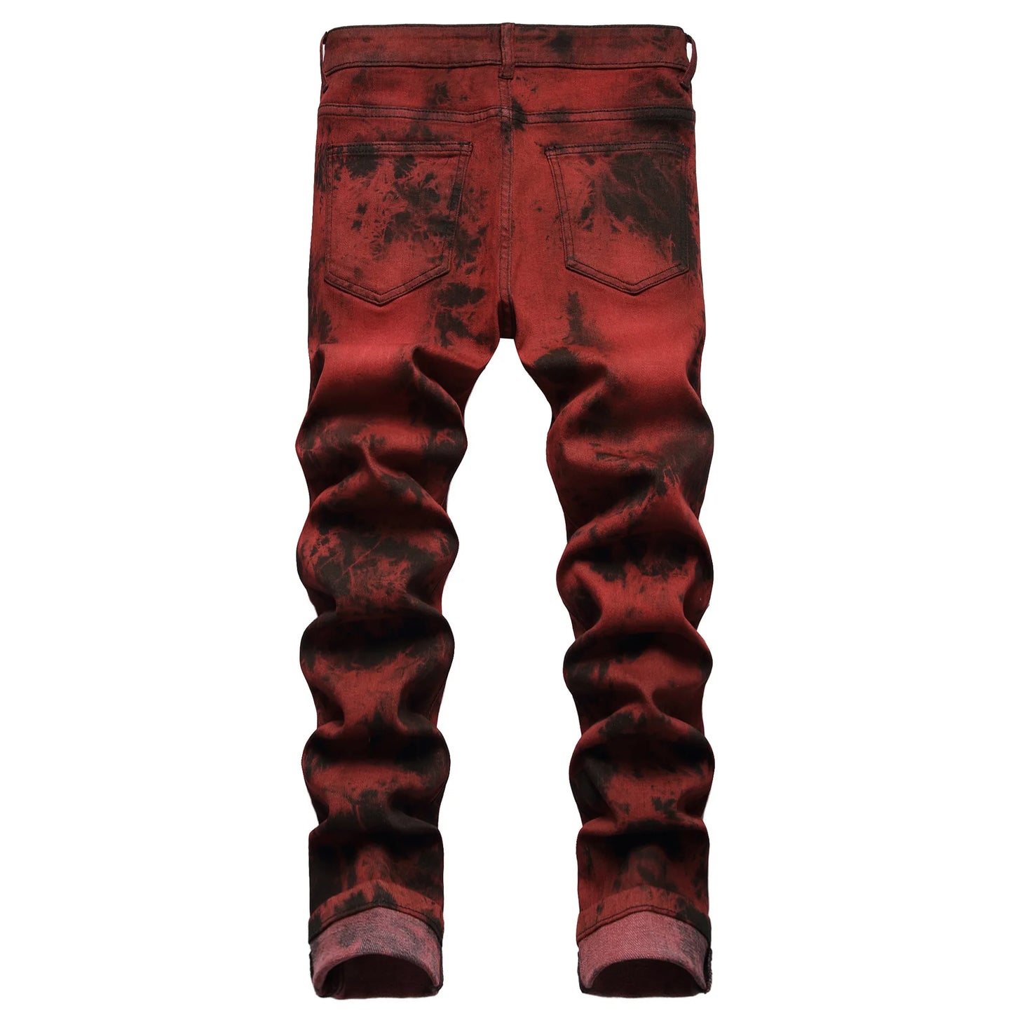 Brand Mens Jeans High Quality Slim Tie dye Snow Wash Brick Red Denim Straight Pants Vintage Streetwear Fashion Casual Trousers