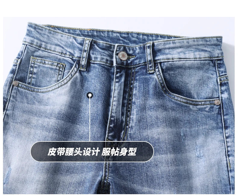 OUSSYU Brand Clothing Jeans Men High Quality Stretch Light Blue Denim Fashion Pleated Retro Pocket Skinny Trousers Pants 28-40