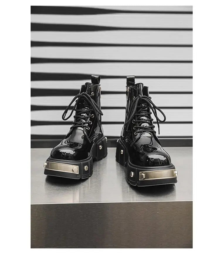 2024 Men's High Top British Style Thick Bottom Increased Bright Leather Black Motorcycle Round Toe Side Zipper Punk Boots Women