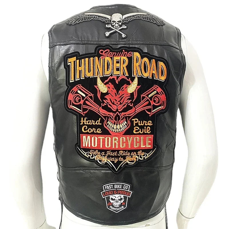 Motorcycle Leather Vest Embroidered Patch Moto Sleeveless Jacket Cycling Casual Street Vest Motorcycle Club Punk Vest