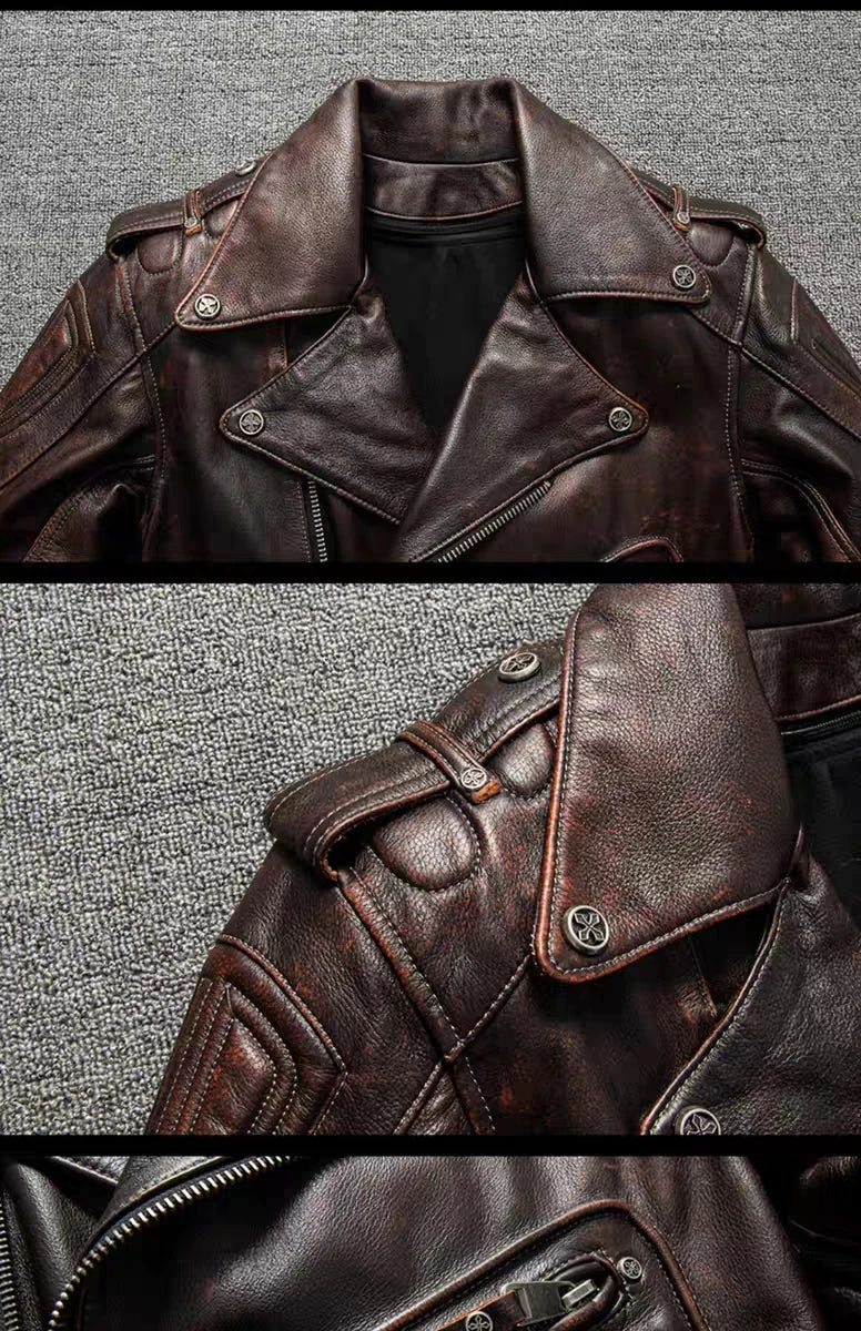 Top Layer Cowhide Leather Jacket Retro Brown Calfskin Motorcycle Suit Men's Slim Heavy Industry Leather Motorcycle Riding Jacket