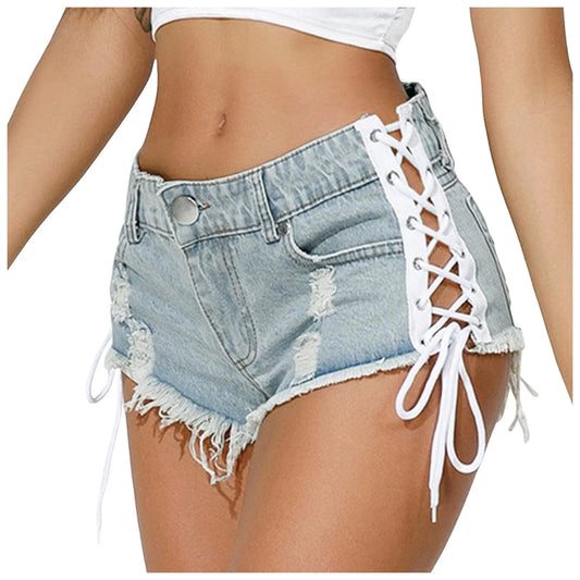 Denim Shorts Women 2024 Summer Ripped Raw Edge Hot Pants Sexy Low Waist Side Lace-Up Nightclub Wear Y2k Mini Jean Shorts шорты