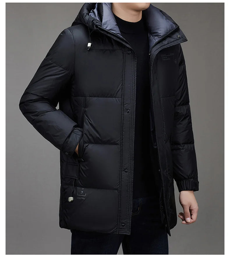 Light Luxury Down Jacket Men's Long Winter 2024 Trendy 90% White Duck Down Warm Coat Business Casual Hat Lightweight Down Jacket