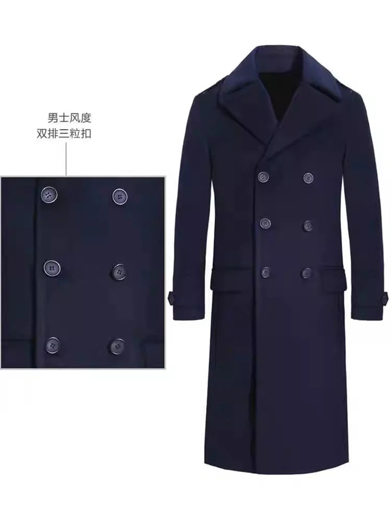 Mauroicardi Autumn Winter Long Warm Smart Casual Navy Blue Black Woolen Coat Men Double Breasted Luxury Wool Blends Overcoat