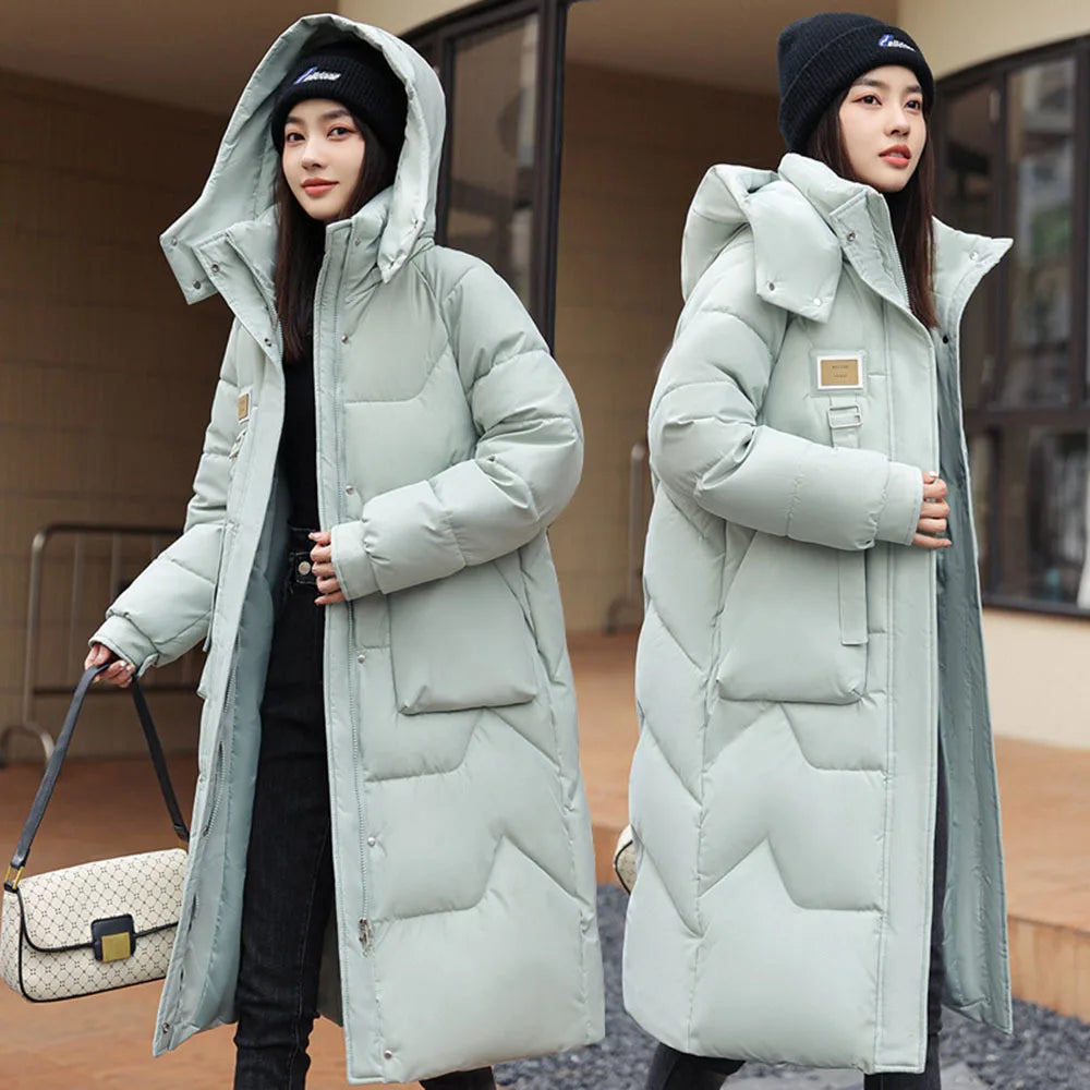 Winter2023 Lange Parkas Damen Daunenmantel Pufferjacke Leder Label Kapuze Große Tasche Polyester Stoff Baumwolle Schnee Outwear