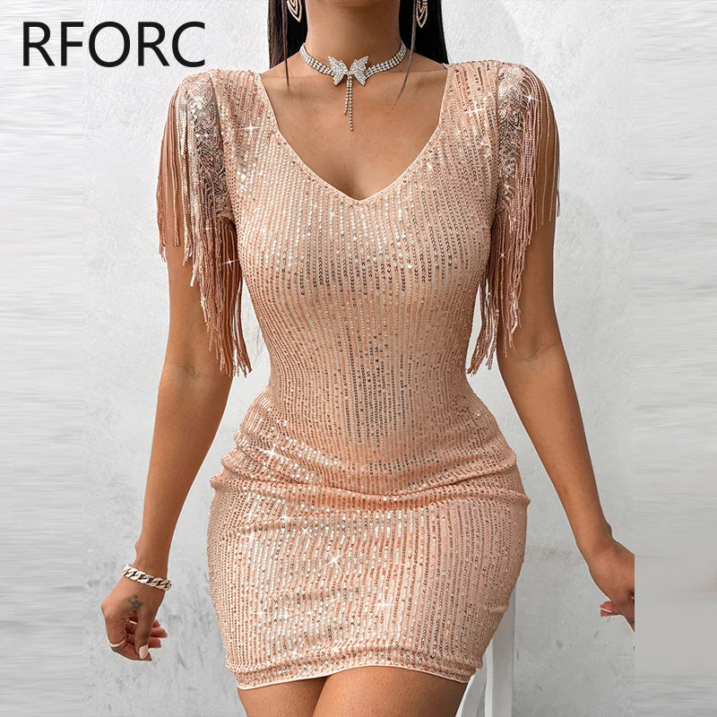 2023 Women Chic Sequins V Neck Tassels Mini Bodycon Party Dress