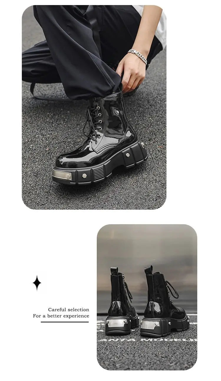 2024 Men's High Top British Style Thick Bottom Increased Bright Leather Black Motorcycle Round Toe Side Zipper Punk Boots Women