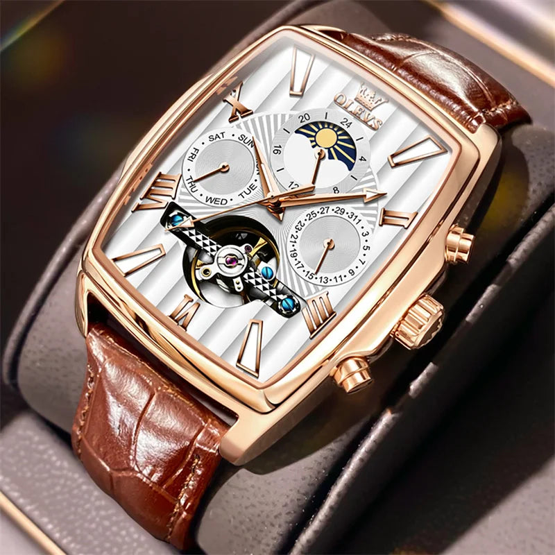 OLEVS Luxury Rectangular Dial Mechanical Watches Waterproof Leather Automatic Luminous Watch Business Men relogios masculino